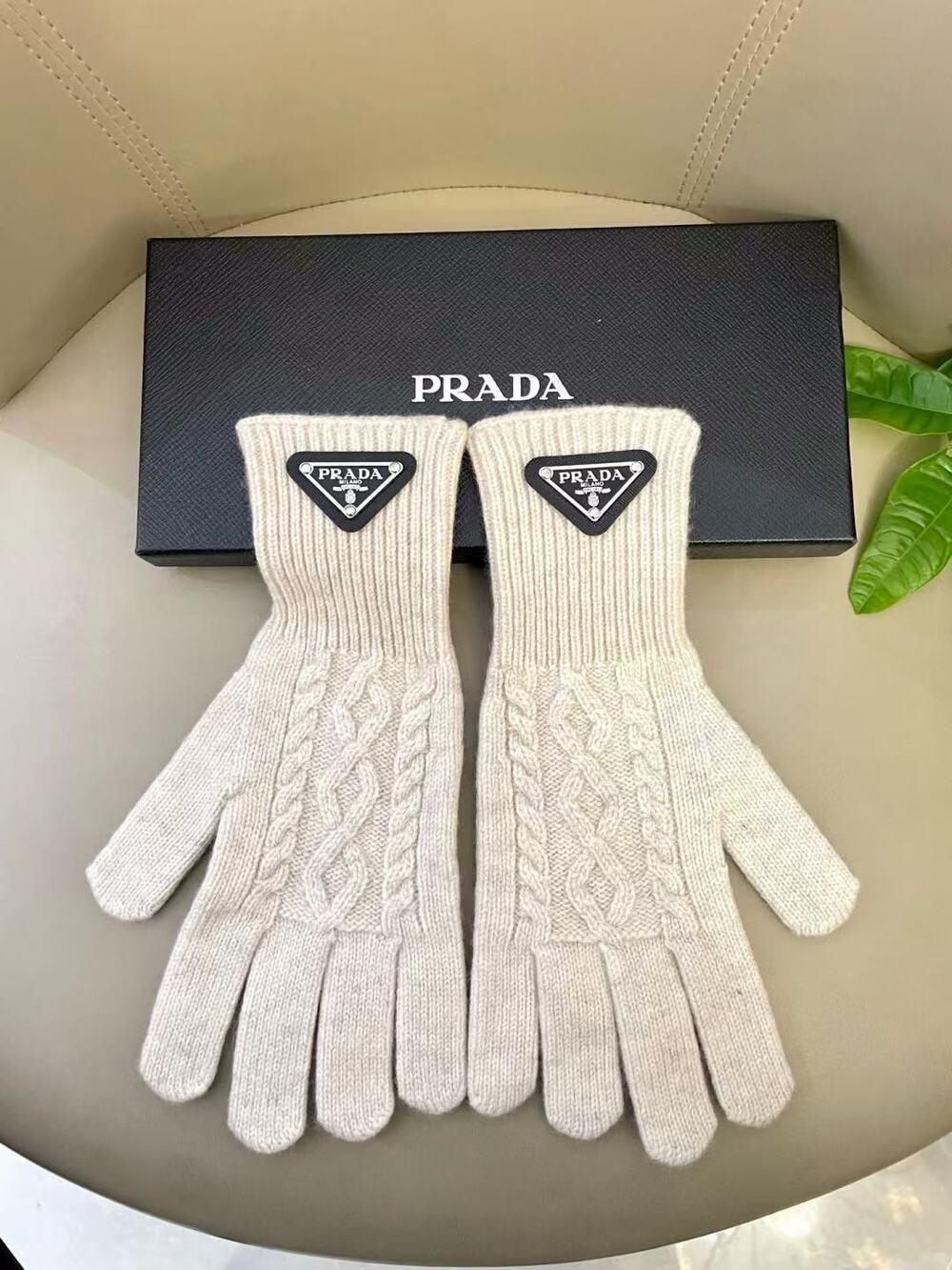 Prada White Cable Knit Logo Triangle Winter Gloves